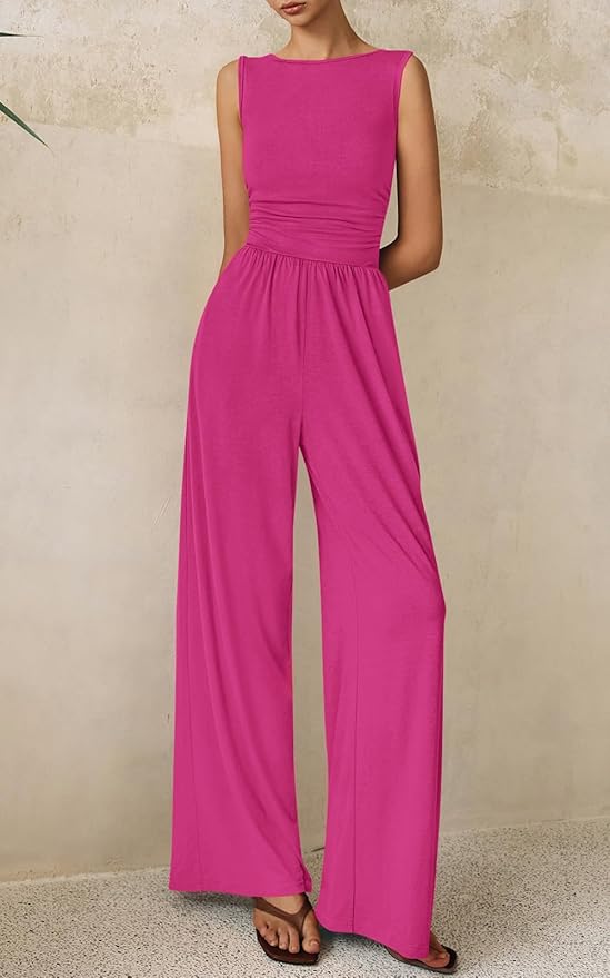 PRETTYGARDEN One Piece Jumpsuits for Women Dressy Casual Sleeveless Crewneck Wide Leg Rompers Jumpers Vacation Summer Outfits