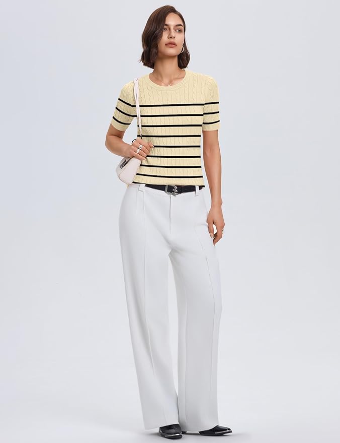 Micoson Womens Short Sleeve Cable Knit Sweater Tops Crewneck Lightweight Spring Summer Shirts Business Dressy Casual Outfits