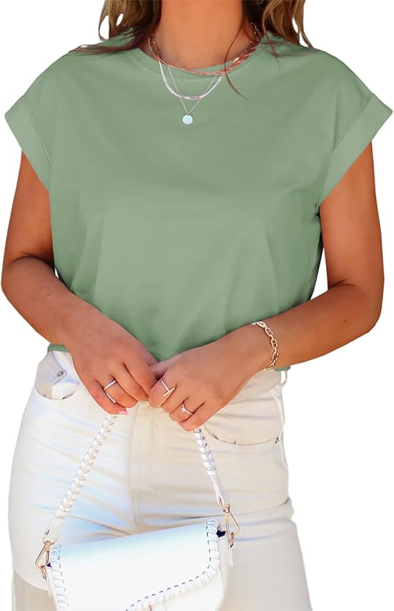 Tankaneo Womens Short Sleeve Cropped T-Shirts Summer Rolled Dolman Sleeve Crop Tops Casual Round Neck Solid Short Basic Tees