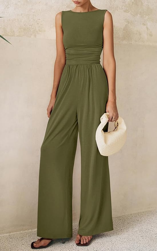 PRETTYGARDEN One Piece Jumpsuits for Women Dressy Casual Sleeveless Crewneck Wide Leg Rompers Jumpers Vacation Summer Outfits