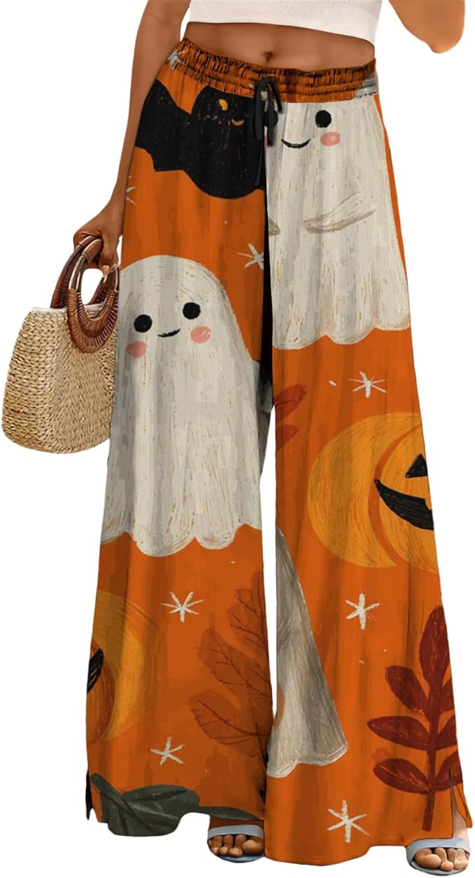 domirica Halloween Pants Women Drawstring Elastic Waist Wide Leg Pants Ladies Pumpkin Ghost Pajama Vintage Street Wear