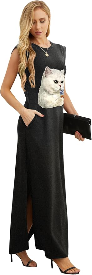 GRECERELLE 2026 Women Year-Round Casual Round Neck Loose Split Wrinkle-Free Long Maxi Vacation Dress with Pockets (XXS-4XL)