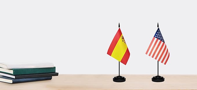 USA American & Spain Spanish Desk Flags, US Spain Table Flag, Small Mini Miniature Spanish and US Desktop Flag With 13" Solid Black Pole, Black Base
