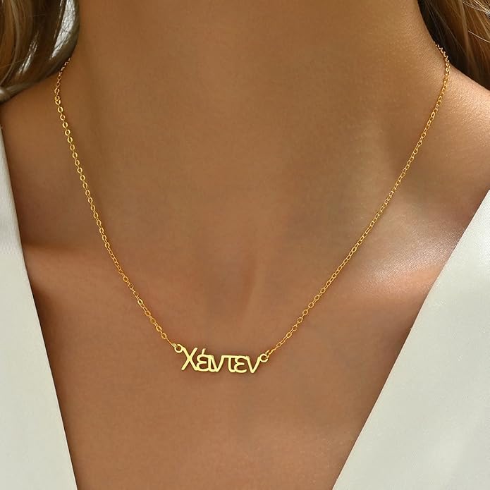 Unisota Personalized Name Necklace in 9 Diferent Languages Custom English Chinese Arabic Greek Hebrew Japanese Korean Russian Hindi Name Pendant Necklace Jewelry Gifts for Women Wife Mom