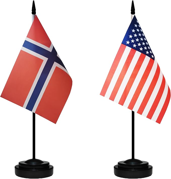 USA American & Norway Norwegian Desk Flags, US Norway Office Table Flag, Small Mini Miniature Norwegian and US Desktop Flag With 13" Solid Black Pole, Black Base