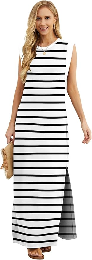 GRECERELLE 2026 Women Year-Round Casual Round Neck Loose Split Wrinkle-Free Long Maxi Vacation Dress with Pockets (XXS-4XL)