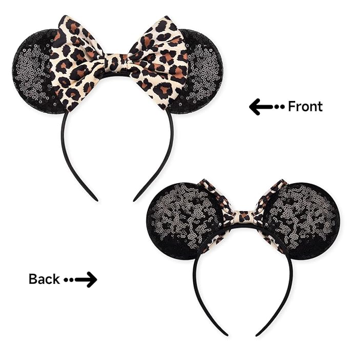 RAZKO Mouse Ears Headband, Sequin Leopard Mice Ears Hairband Animal ears Headband for Women Girls Hair Accessories (Leopard)