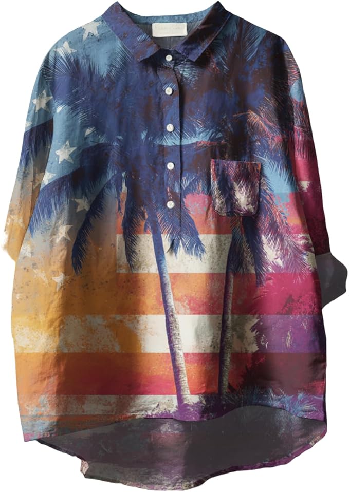 Womens Boho Tops 3/4 Long Sleeve Floral Blouses Hawaii Beach Button Down Shirts V Neck Pullover Casual Tunics