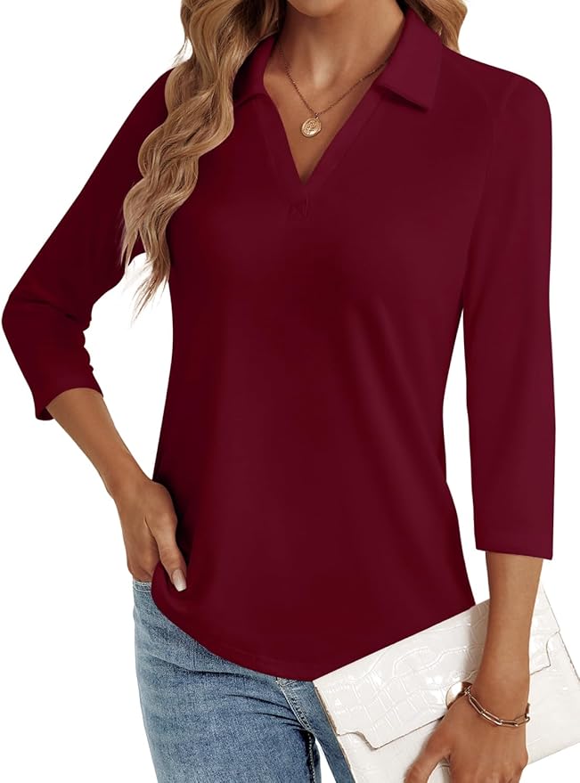 3/4 Length Sleeve Womens Tops Dressy Casual V Neck Polo Shirts Business Work Blouses 2025 Trendy Tunic Top