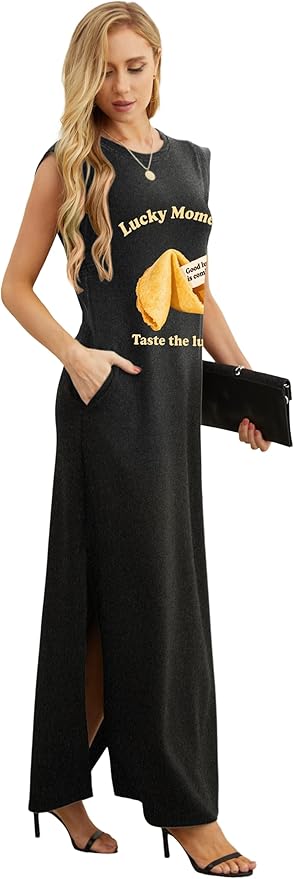 GRECERELLE 2026 Women Year-Round Casual Round Neck Loose Split Wrinkle-Free Long Maxi Vacation Dress with Pockets (XXS-4XL)