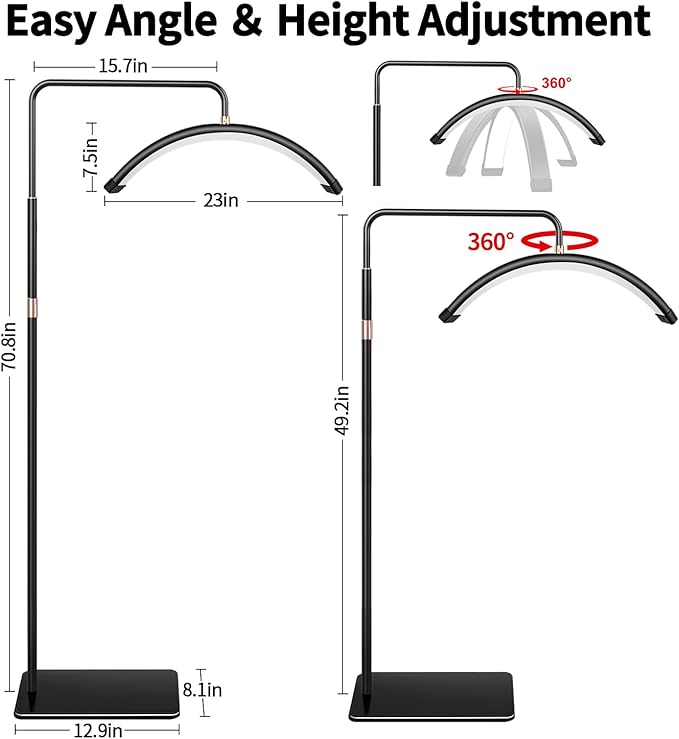 Lash Light for Eyelash Tech-Esthetician Ring Light, Half Moon Light for Led Lash Lamp Extensions, Tattoo Artists, Nail Tech - Cool, Warm Lamp with Adjustable Brightness & Height, Phone Holder (Black)