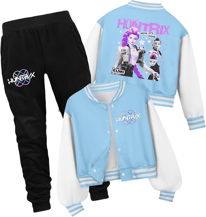 K PopGirls Kpop Tracksuit Cute Cartoon Print Baseball Coats Fashion Long Sleeve Jackets and Pants Christmas Costume Set