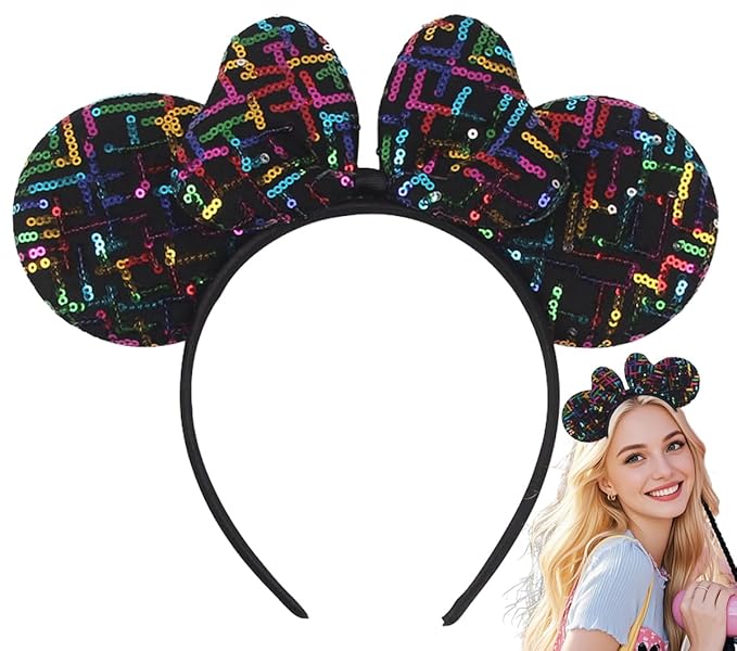 WW-WONDERFULWORLD Black Mouse Ears Headband with Rainbow Sequin, for Cartoon Princess Costume Cosplay Accessory, Glitter Christmas Party; H-XT