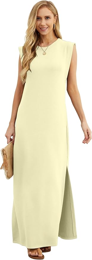 GRECERELLE 2026 Women Year-Round Casual Round Neck Loose Split Wrinkle-Free Long Maxi Vacation Dress with Pockets (XXS-4XL)