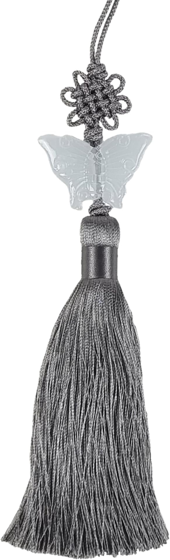 Seoulful Vintage Jade Butterfly Norigae - Korean Traditional Tassel Charm with Elegant Knot - Hanbok Accessory New Year's Gifts (Grey)