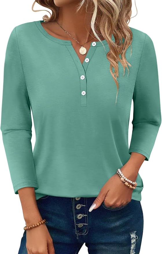 PGANDS Women's 3/4 Length Sleeve T Shirts Button Down Scoop Neck Casual Tops