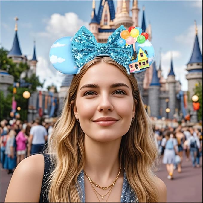 WW-WONDERFULWORLD Mouse Ears Headbands with Shiny Blue Bows, for Costume Cosplay Glitter Party, Sky + Balloon + House; 2QQ