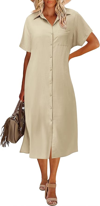 Zeagoo Women Dresses Summer Casual Short Sleeve Button Down Shirt Dresses 2025 Beach Cover Up with Pockets