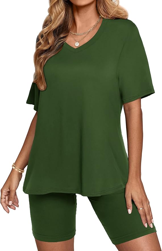 AGSEEM Two Piece Outfits For Women Summer V Neck T-Shirt Tops Biker Shorts Workout Sports Tracksuit