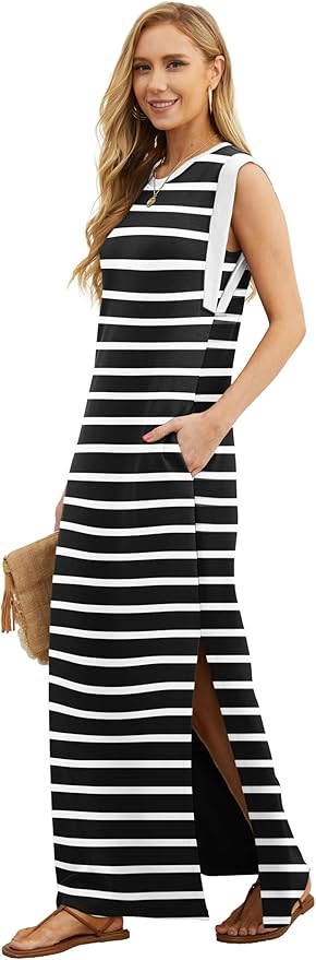 GRECERELLE 2026 Women Year-Round Casual Round Neck Loose Split Wrinkle-Free Long Maxi Vacation Dress with Pockets (XXS-4XL)