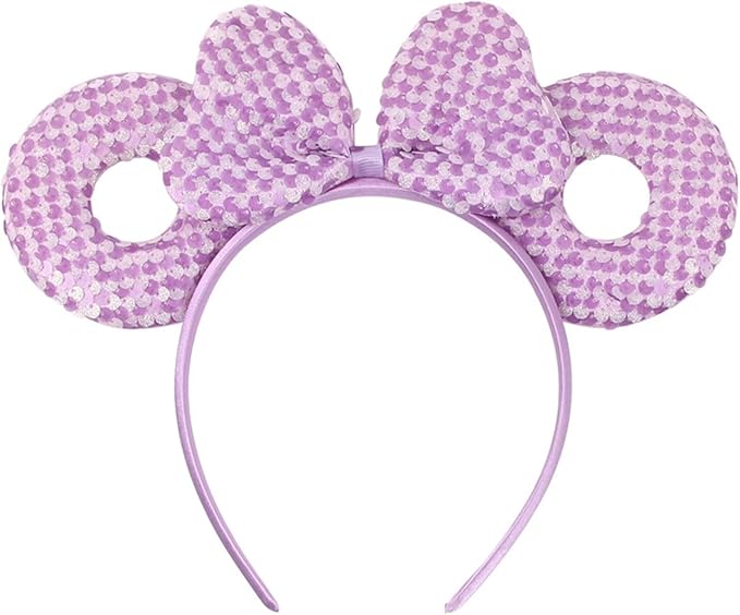 WelyHM Mouse Ears Sequin Donut Headband, Pink Adjustable Hairband for Disney Party, Halloween, Christmas, Princess Dress Up