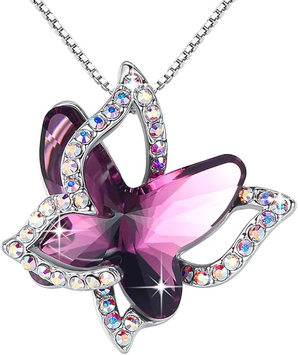 GEMMANCE Gift Butterfly Birthstone Crystal Necklace, Silver Tone with 18”+2” Chain, Necklace for Mother’s Day Anniversary Birthday Gifts for Women and Daughter, Valentine's Day