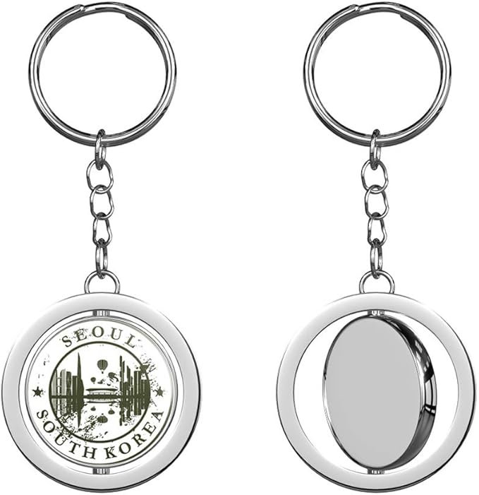 Seoul South Korea Grunge Rubber Travel Stamp Round Spinning Stainless Steel Metal Key Chain Keychain Ring Double Sided Deisgn