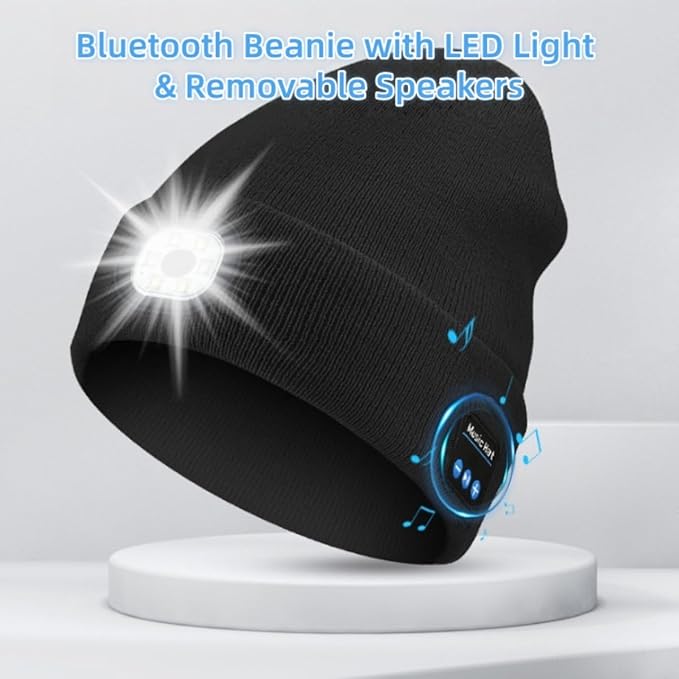 Bluetooth Beanie with LED Light & Removable Speakers, USB Rechargeable Bluetooth Beanie Hat with Light,for Men Husband Teen