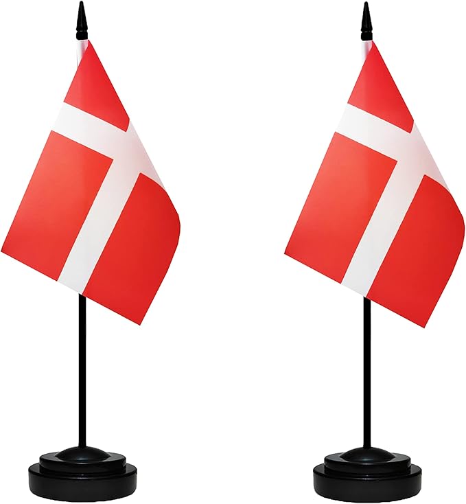 Denmark Danish Dane Deluxe Desk Flag Set Small Mini Miniature Denmark Danish Table Desktop Flags With Solid Pole, Black Base and Spear Top(2 Pack)