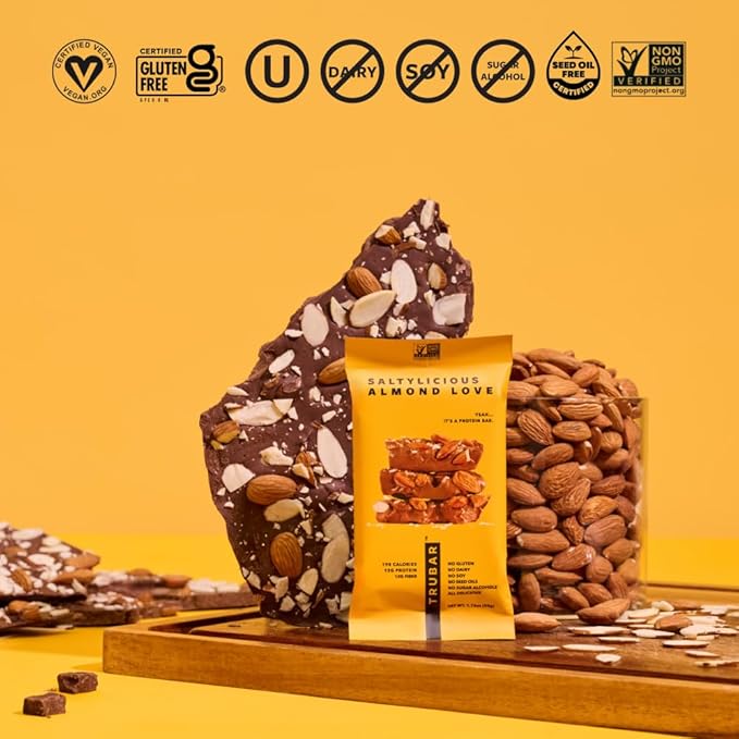 TRUBAR Vegan Protein Bar, Saltylicious Almond Love, Gluten Free, Plant Based, High Fiber, Dairy Free, Low Fat, Non GMO, No Sugar Alcohols, 12G Lean Protein, 13G Fiber, Healthy Snack Bars, 12 CT