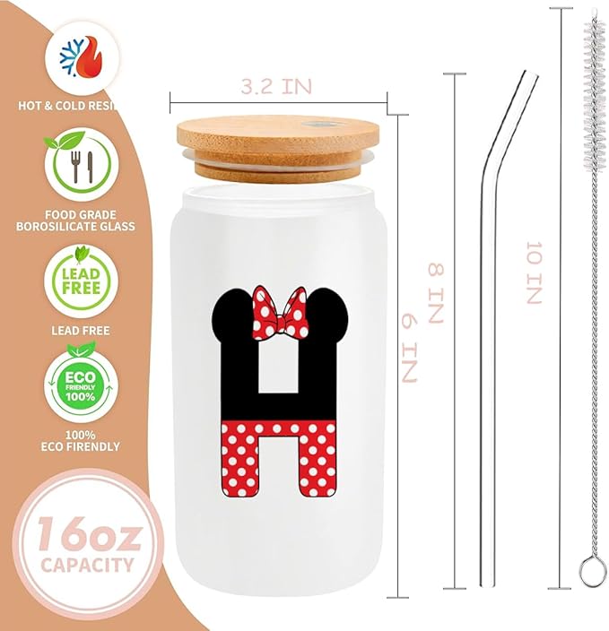 Cute Cartoon Mouse Lover Gifts Initial A-Z Personalized Iced Coffee Cup Magic Mouse Stuff Wizard Gift 16oz Glass Cup with Lid and Straws Birthday Christmas Gifts for Women Teen Girls (Letter H)