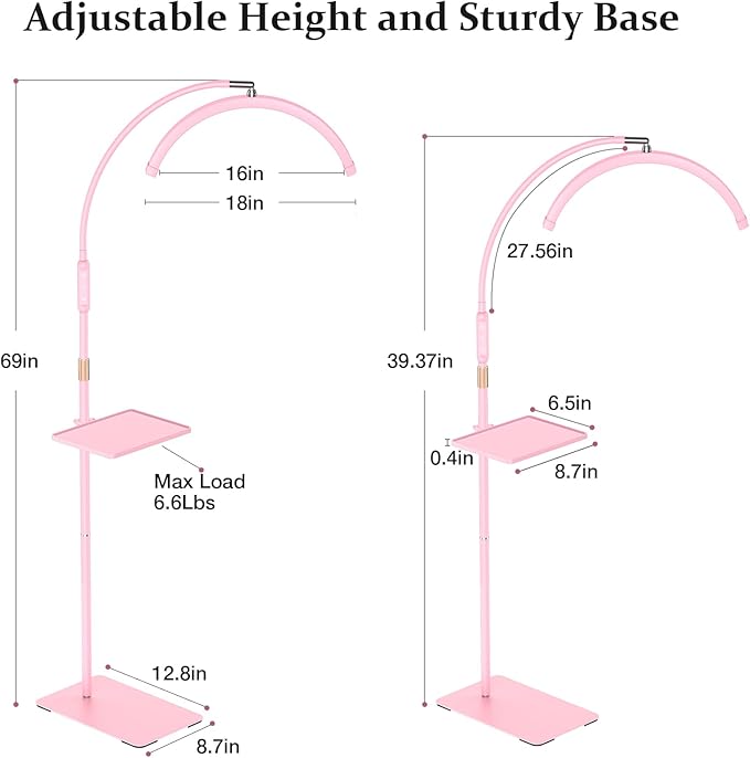 Lash Light for Eyelash Tech with Tray, Half Moon Light for Lashes and Estheticians, LED Floor Lash Lamp for Eyelash Extensions, Nail Art, Tattoo Art and Skincare (Pink)