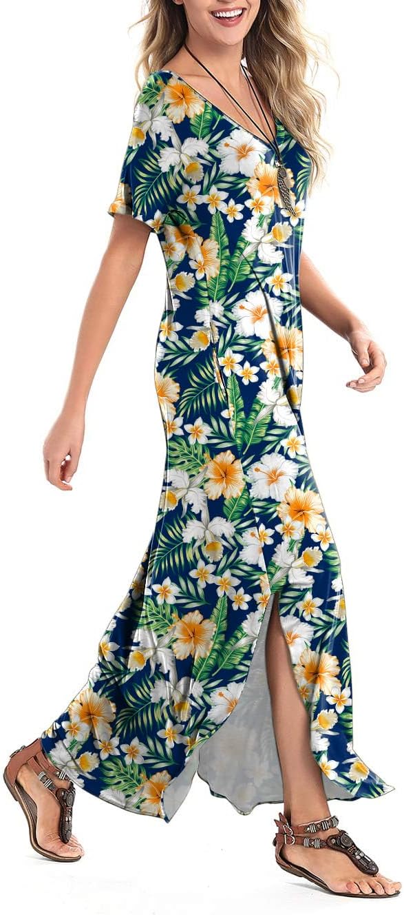 Arolina Women's Summer Maxi Dress Short Sleeve V Neck Casual Loose Long Beach Split Dresses with Pockets