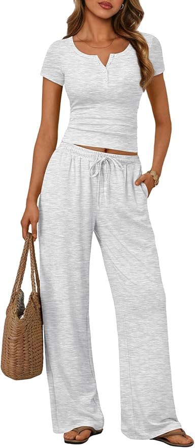 Trendy Queen Women's 2 Piece Matching Lounge Sets Summer Henley Neck Slightly Crop Top Wide Leg Pants Casual Sweat Suit