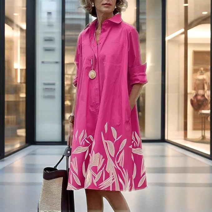 Womens 2025 Long Sleeve Button Down Shirt Summer Dress Casual V Neck Loose Fit Midi Shirt Dresses with Pockets