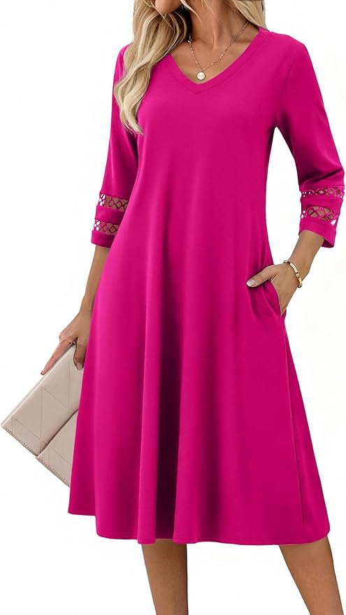 Zeagoo Women's Dresses 3/4 Sleeve Summer Casual V-Neck A Line Flowy Eyelet Midi Dress for Women Beach Vacation Sundress