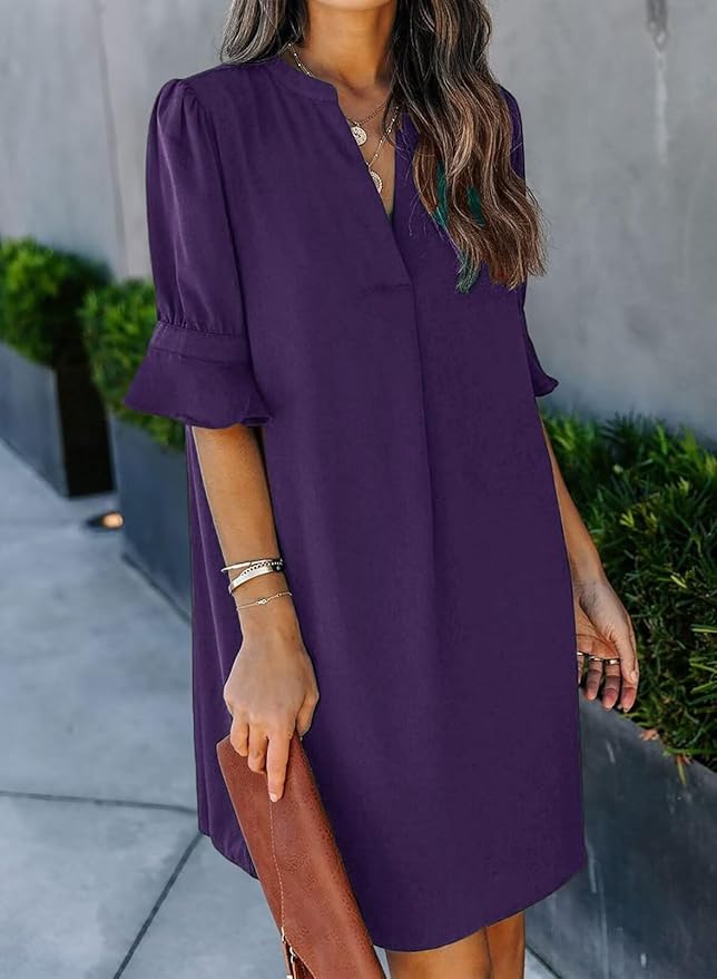 QACOHU Summer Dresses for Women V Neck Ruffle Short Sleeve Casual Shift Dress