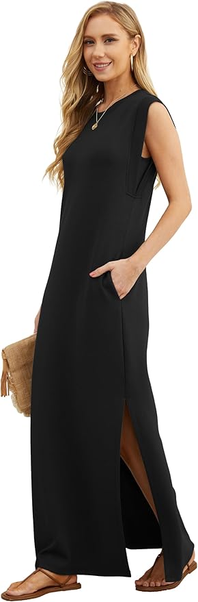 GRECERELLE 2026 Women Year-Round Casual Round Neck Loose Split Wrinkle-Free Long Maxi Vacation Dress with Pockets (XXS-4XL)