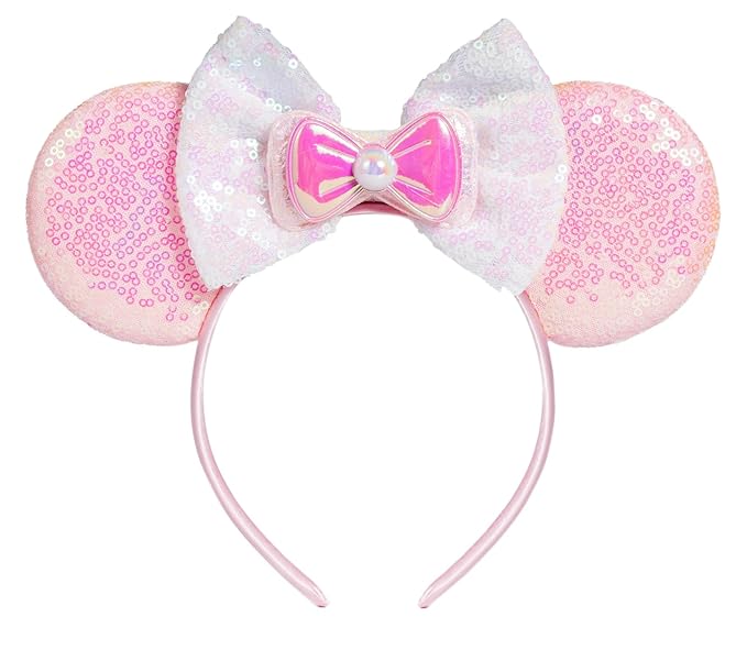 WW-WONDERFULWORLD Pink Mouse Ears Headbands With Shiny Bows & Sequins, for Girls Women Costume Cosplay Glitter Party; FG-FB
