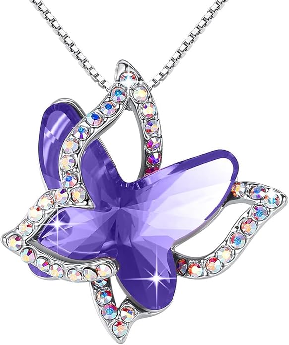 GEMMANCE Gift Butterfly Birthstone Crystal Necklace, Silver Tone with 18”+2” Chain, Necklace for Mother’s Day Anniversary Birthday Gifts for Women and Daughter, Valentine's Day