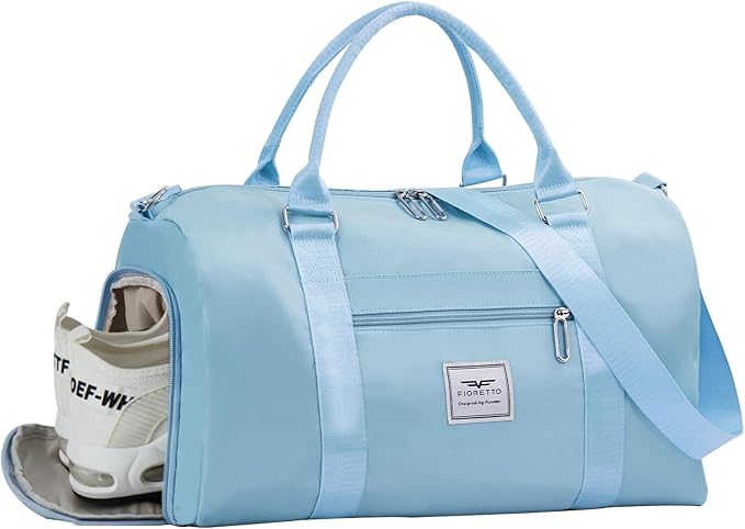 FIORETTO Womens Gym Tote Duffle Bag with Wet Pocket & Shoe Compartment, Sports Duffel Overnight Weekender Hospital Workout Carry on Bag for Girls, Ideal for Travel, Swimming, Dance, Ballet Light Blue