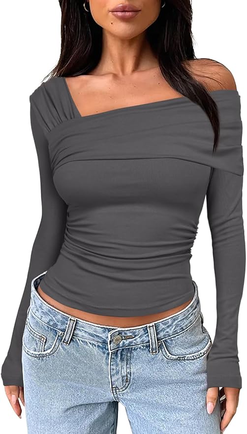 Darong Women's Off Shoulder Tops Y2K Shirt Slim Fit Ruched Crop Top Long Sleeves Spring Fall Blouse Going Out Shirt