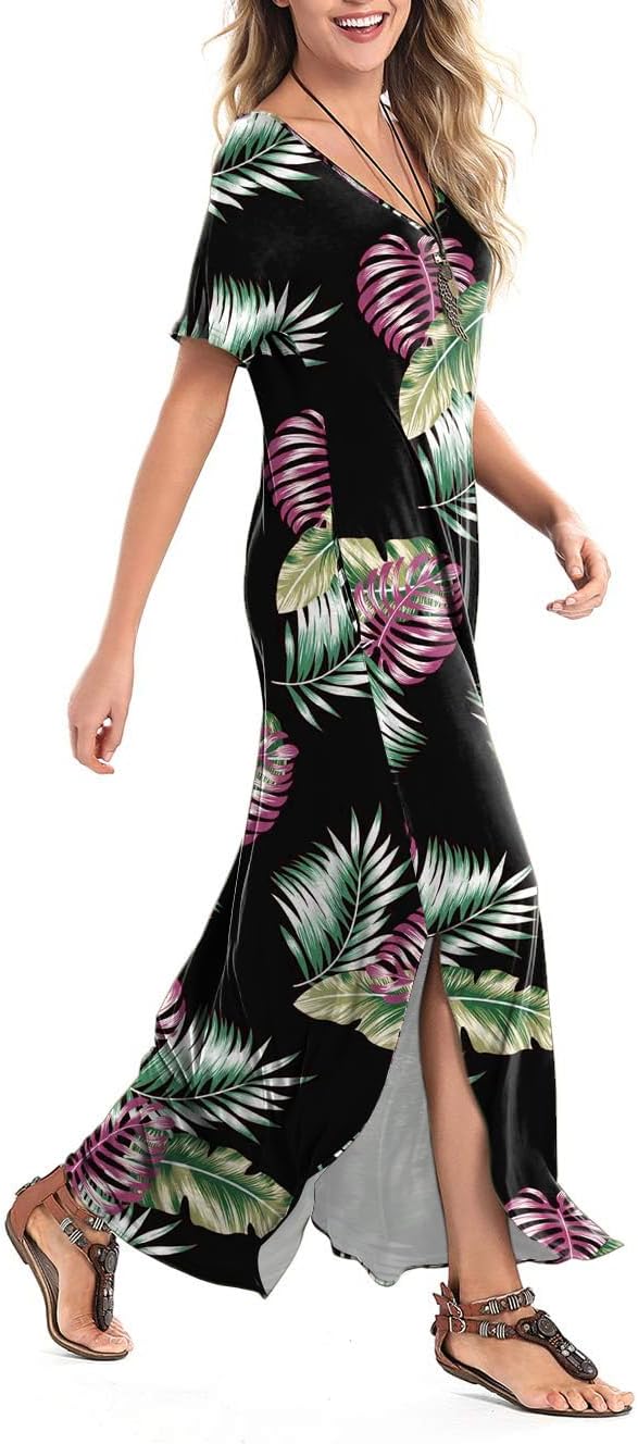Arolina Women's Summer Maxi Dress Short Sleeve V Neck Casual Loose Long Beach Split Dresses with Pockets
