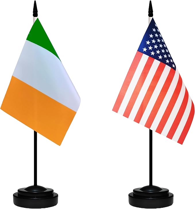 USA American & Ireland Irish Desk Flags, US Ireland Office Table Flag, Small Mini Miniature Irish and US Desktop Flag With 13" Solid Black Pole, Black Base