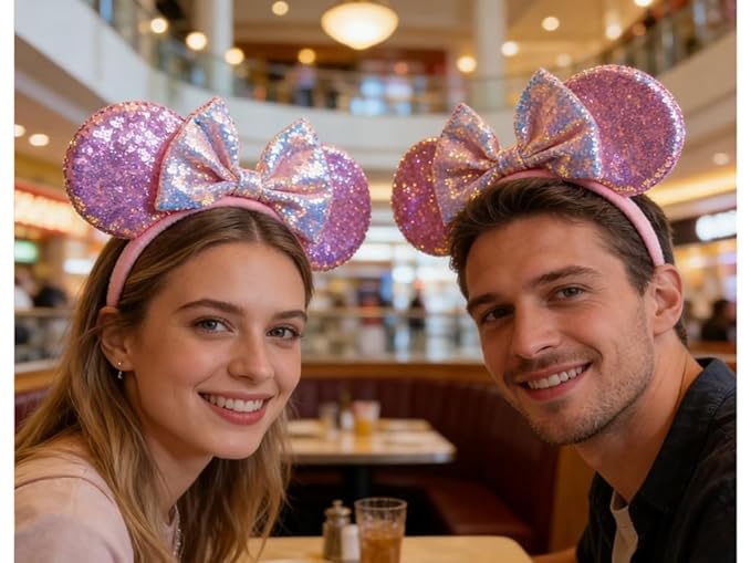 WW-WONDERFULWORLD Unisex Mouse Ears Headbands With Bow & Sequins, for Cartoon Princess Costume Cosplay Decoration, Glitter Christmas Party for Women & Adult; FG1 (Soft Flannel Pink)