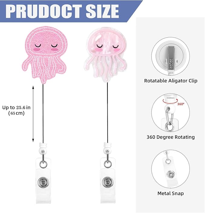 2 Pcs Cute Jellyfish Badge Reel - Retractable ID Holder with Alligator Clip& Nylon Cord | AcrylicClip for Nurse Nurses Office Worker Teacher Student