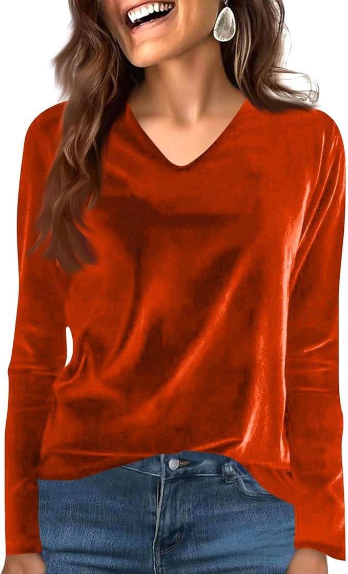 Velvet Tops for Women Dressy Casual V Neck Shirts Loose Fit Vintage Long Sleeve Velour Blouse Solid Holiday Party Outfits
