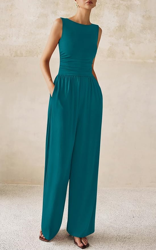PRETTYGARDEN One Piece Jumpsuits for Women Dressy Casual Sleeveless Crewneck Wide Leg Rompers Jumpers Vacation Summer Outfits