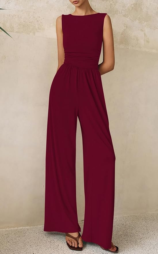 PRETTYGARDEN One Piece Jumpsuits for Women Dressy Casual Sleeveless Crewneck Wide Leg Rompers Jumpers Vacation Summer Outfits