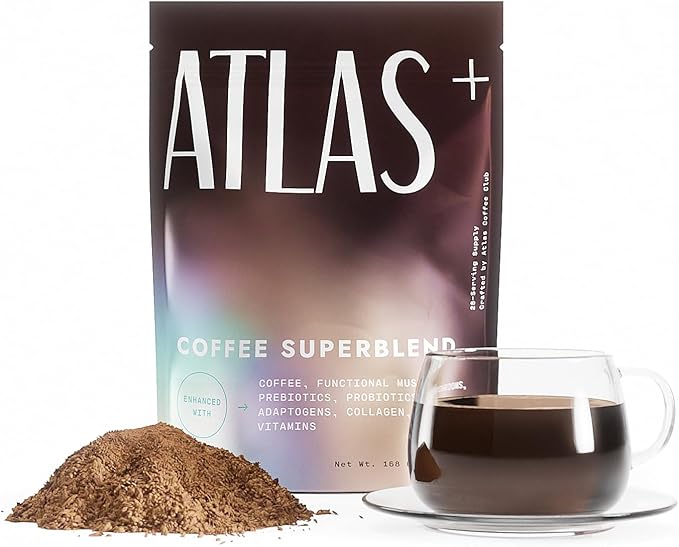 Atlas+ Coffee Superblend– Premium Mushroom Coffee with Collagen, Probiotics, D3 & B12, Lion’s Mane, Reishi, Cordyceps– for Energy, Focus, Immunity & Gut Health– 28 Servings (1 Bag)